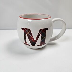 BEE & WILLOW Red Plaid Monogram Letter "M" 14 Oz. Bubble Coffee Mug Cup